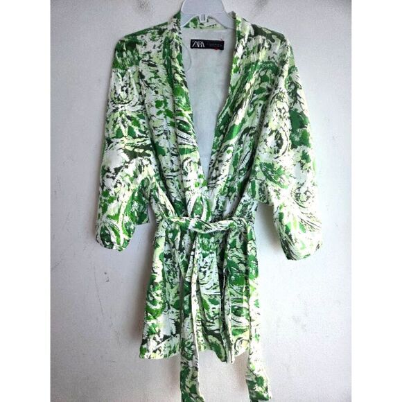 Zara Green White Black Print Linen Blend Bubble Sleeve Tie Front Kimono sz Large - Picture 2 of 8